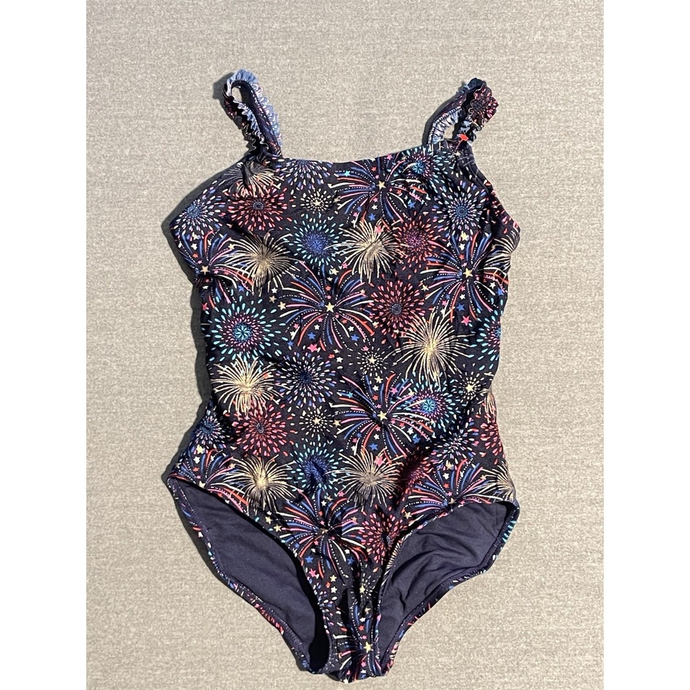 Cat & Jack Girls Swimsuit L 10 12 Fireworks Print One Piece Red Blue 4th of July